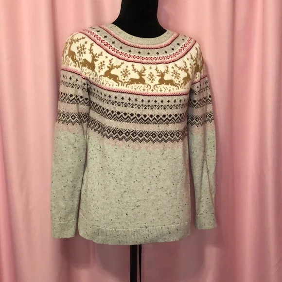 Talbots Pink and Grey Reindeer Fair Isle Sweater - Picture 2 of 7